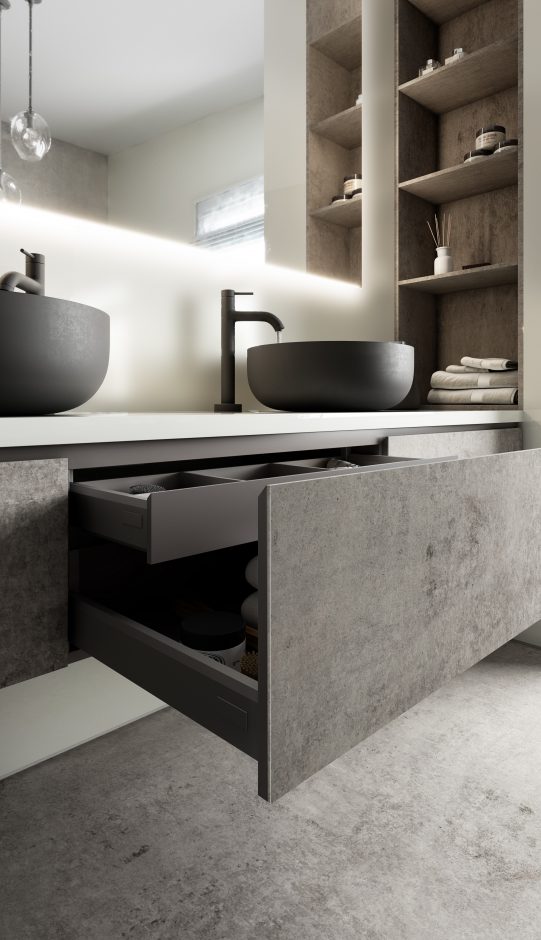 Möbel-Verkleidung mit Dekton® Kreta: 4 mm schlank und CO2-neutral hergestellt aus natürlichen Materialien. Bildquelle: Cosentino