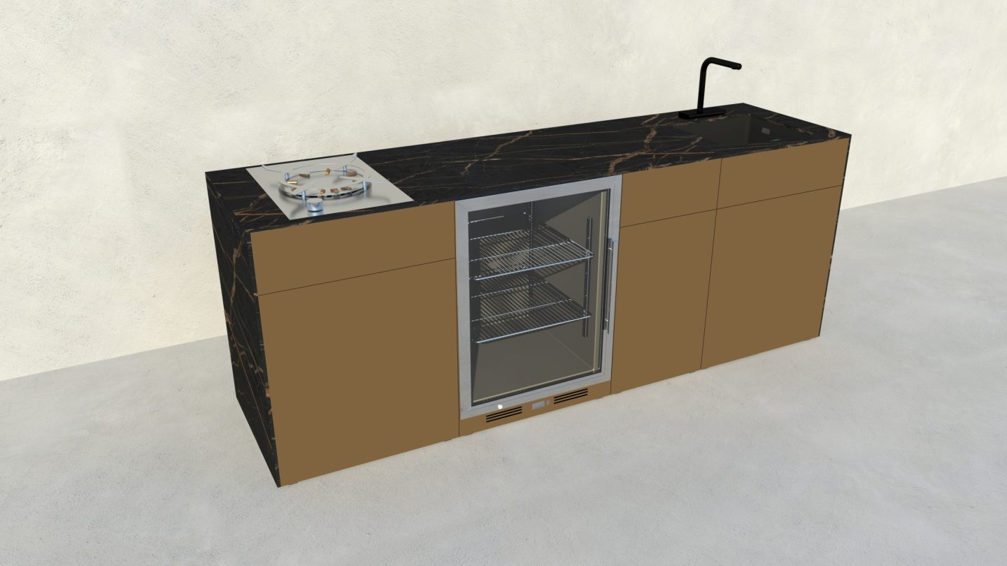Mit Modulen maßgeschneidert: Jede „openair kitchen“ wird für die Kunden individuell zusammengestellt – aus digital wird real. Hier mit einem Bofun Square für das Grillen, Kochen und Garen im Wok, einem Kühlschrank- und einem Spülelement. Bild: openair kitchen